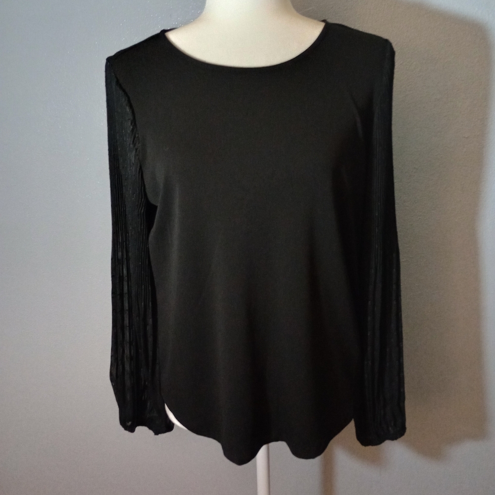 Dressy Black Top With Sheer Embroidered Long Sleeves Small By Adrianna Papell
